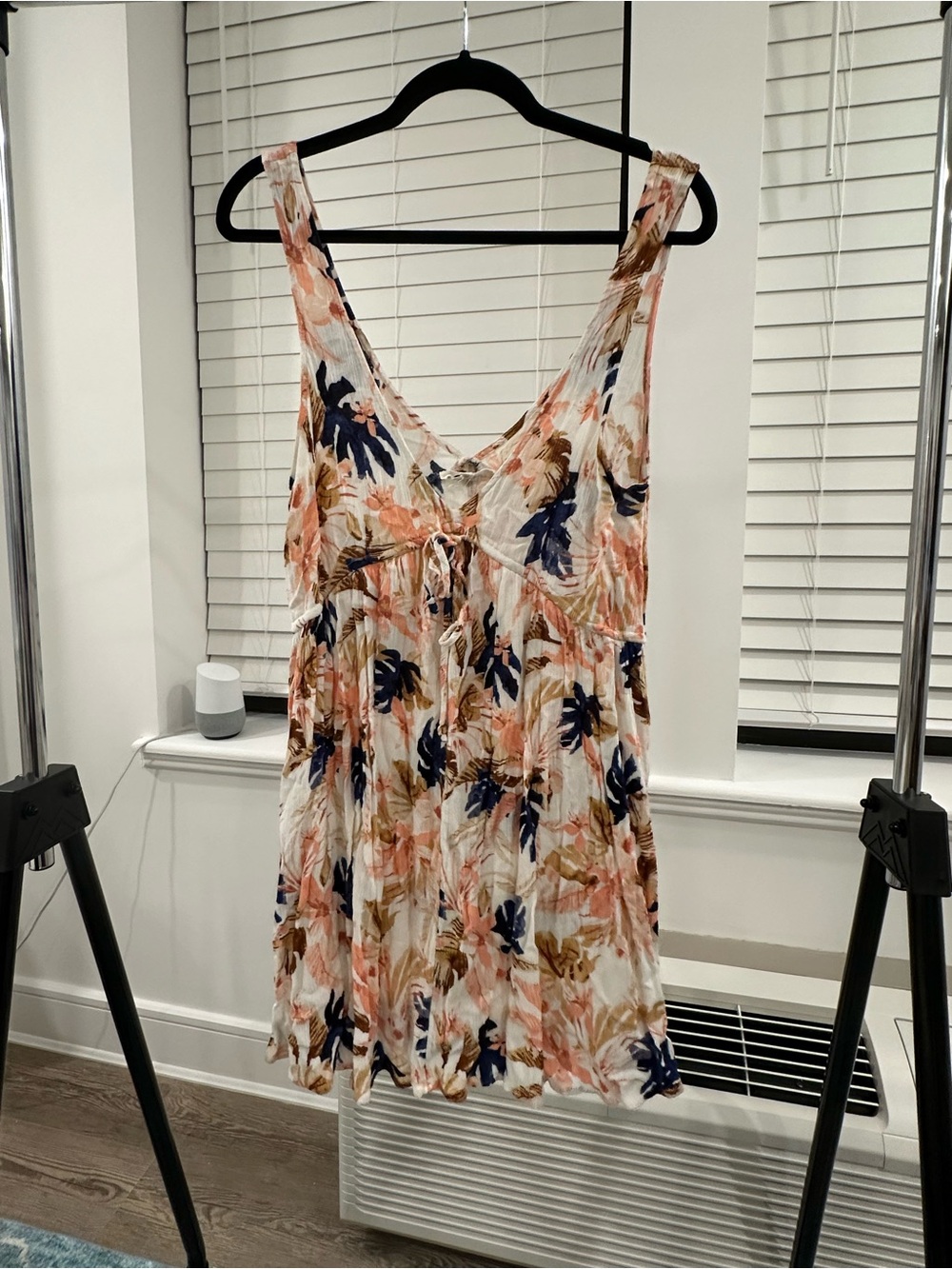 Rip Curl Floral Tie-Front Sleeveless Tank Dress (Peach, Navy, Brown), Size M